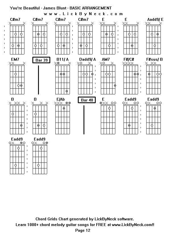 Chord Grids Chart of chord melody fingerstyle guitar song-You're Beautiful - James Blunt - BASIC ARRANGEMENT,generated by LickByNeck software.